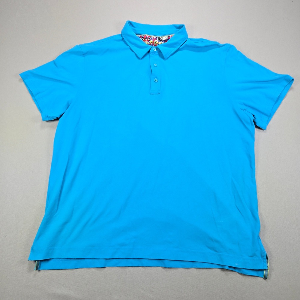 Robert Graham Polo Shirt Skull‎ Paisley Trim Solid Cyan Blue Mens XL